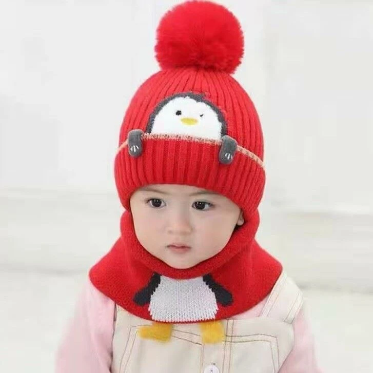 Hat Scarf Penguin Cute Design Pompon Knit Set